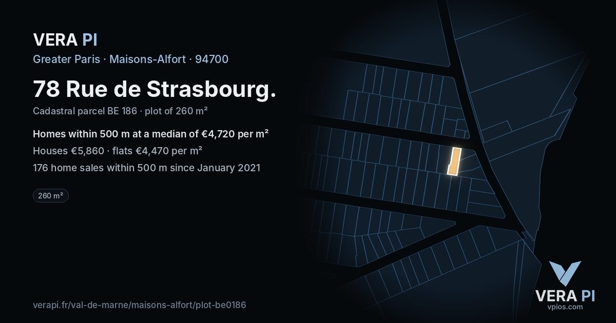 78 Rue de Strasbourg, Maisons-Alfort at night – the plot lit, the parcels around coloured by the prices near them