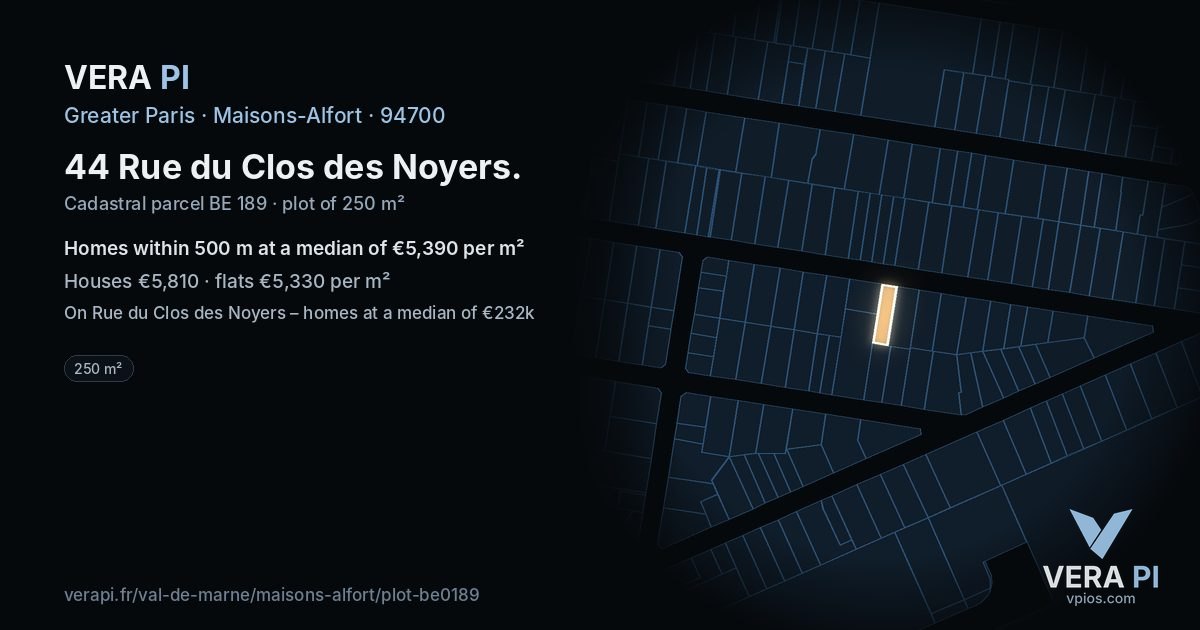 44 Rue du Clos des Noyers, Maisons-Alfort at night – the plot lit, the parcels around coloured by the prices near them