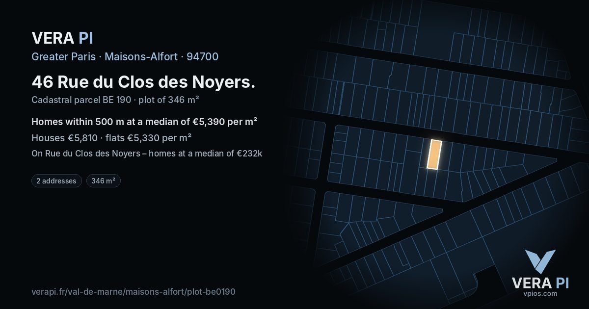 46 Rue du Clos des Noyers, Maisons-Alfort at night – the plot lit, the parcels around coloured by the prices near them