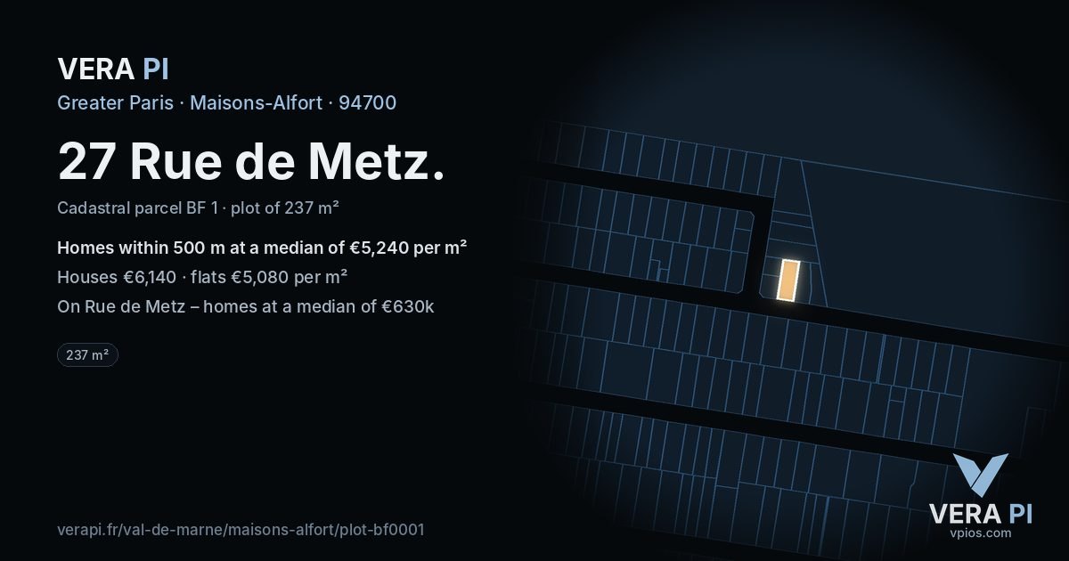 27 Rue de Metz, Maisons-Alfort at night – the plot lit, the parcels around coloured by the prices near them