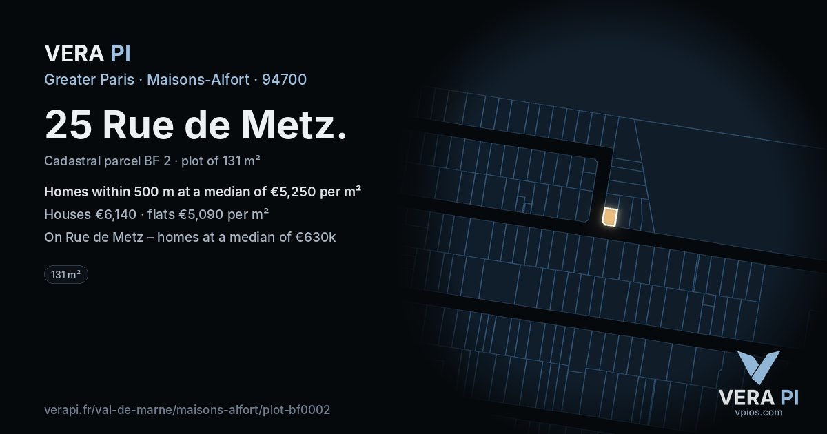 25 Rue de Metz, Maisons-Alfort at night – the plot lit, the parcels around coloured by the prices near them