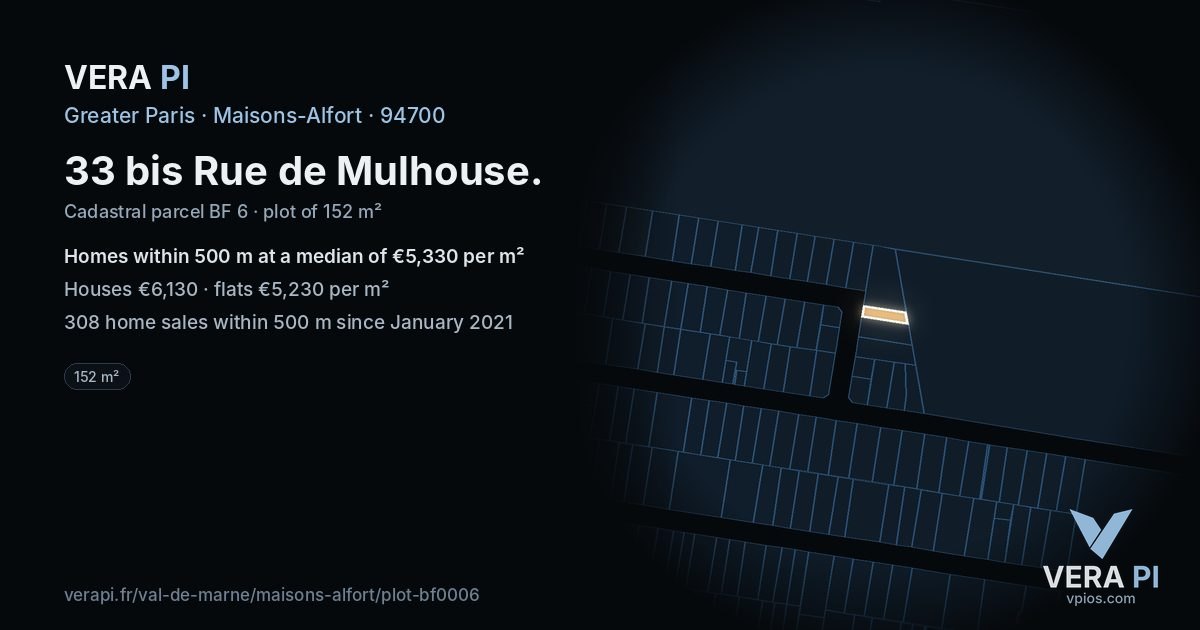 33 bis Rue de Mulhouse, Maisons-Alfort at night – the plot lit, the parcels around coloured by the prices near them