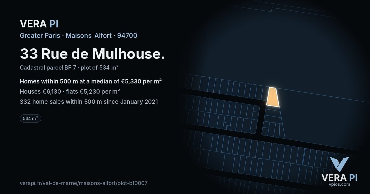 33 Rue de Mulhouse, Maisons-Alfort at night – the plot lit, the parcels around coloured by the prices near them