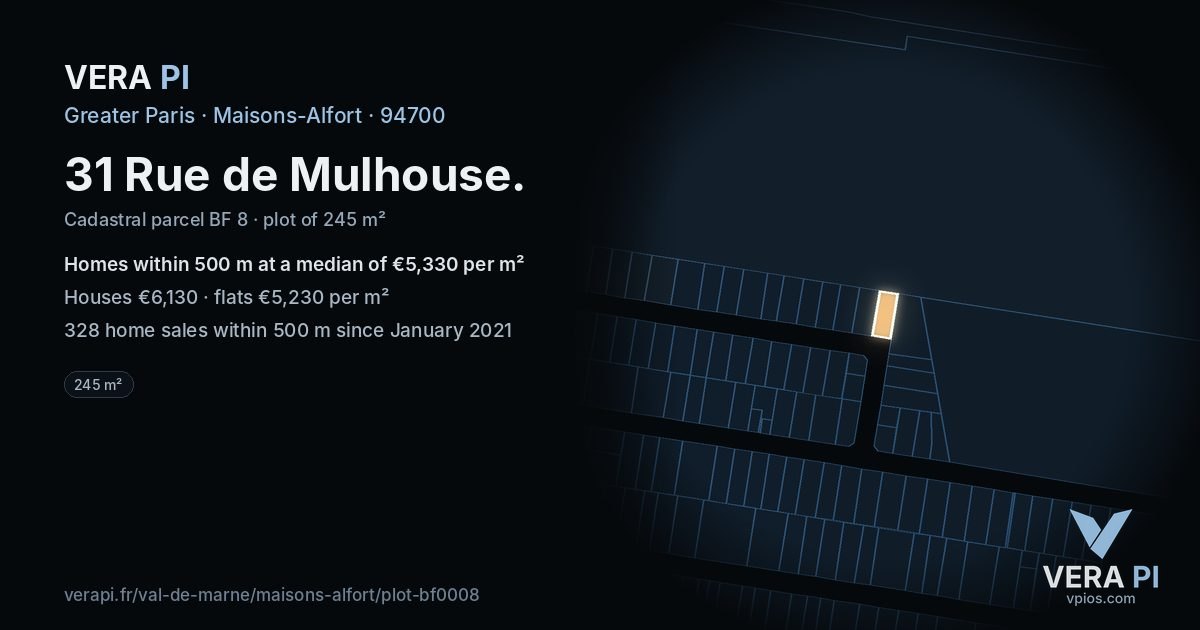 31 Rue de Mulhouse, Maisons-Alfort at night – the plot lit, the parcels around coloured by the prices near them
