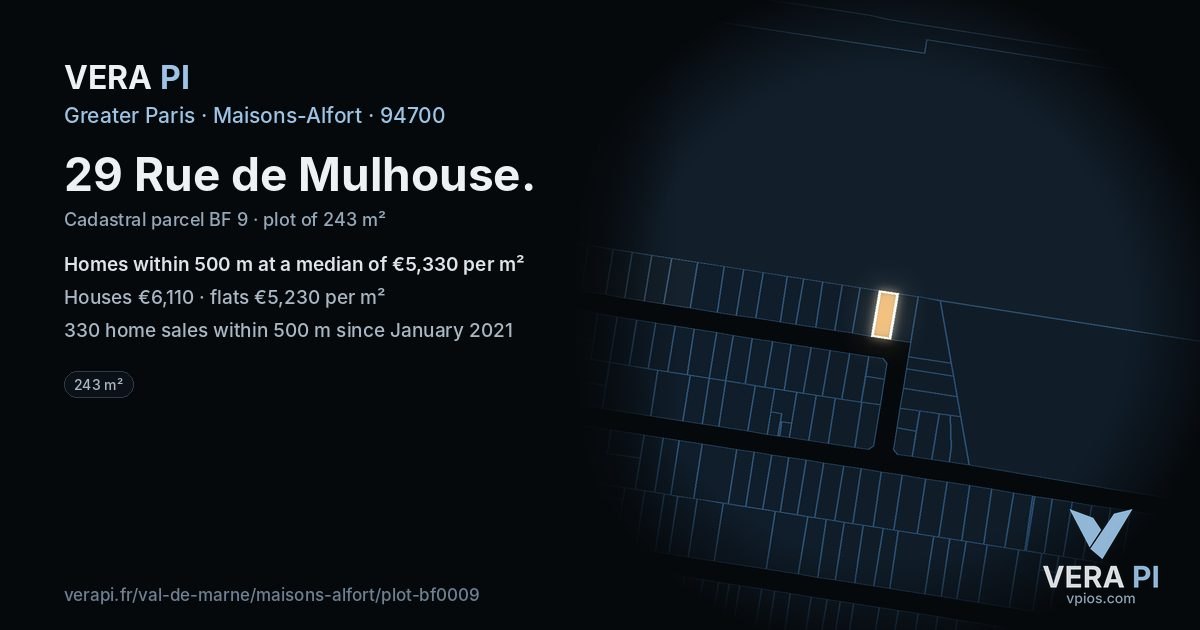 29 Rue de Mulhouse, Maisons-Alfort at night – the plot lit, the parcels around coloured by the prices near them