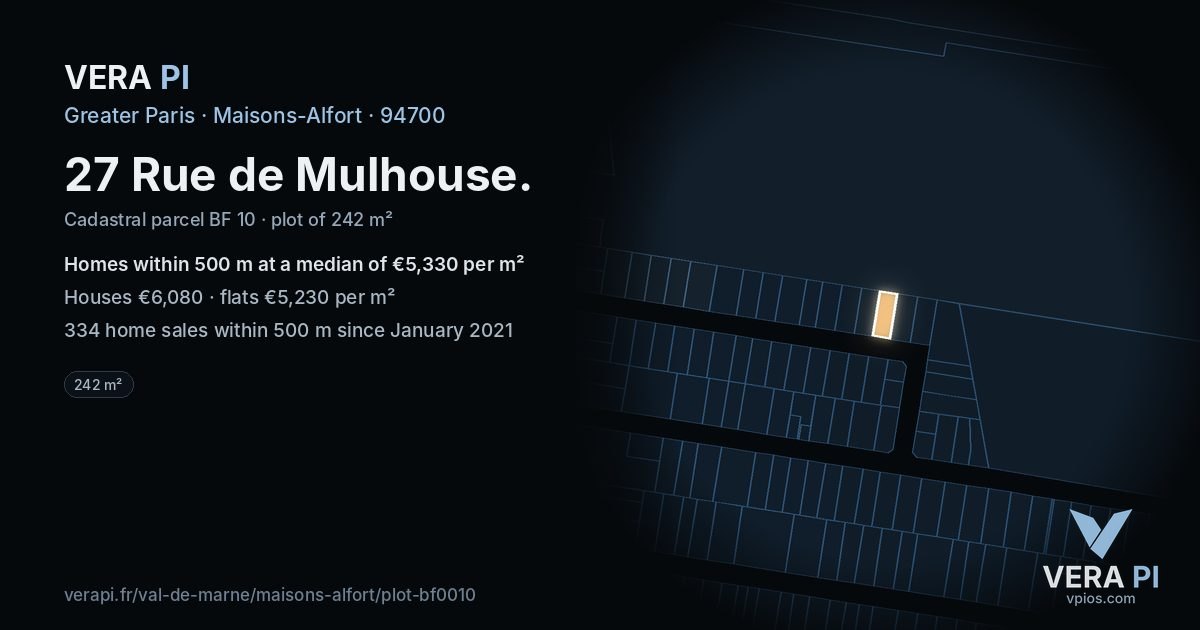27 Rue de Mulhouse, Maisons-Alfort at night – the plot lit, the parcels around coloured by the prices near them