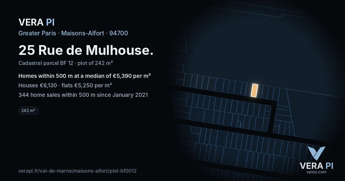 25 Rue de Mulhouse, Maisons-Alfort at night – the plot lit, the parcels around coloured by the prices near them