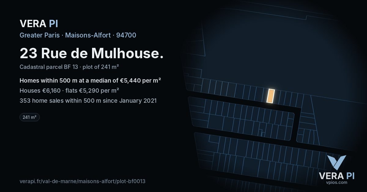 23 Rue de Mulhouse, Maisons-Alfort at night – the plot lit, the parcels around coloured by the prices near them