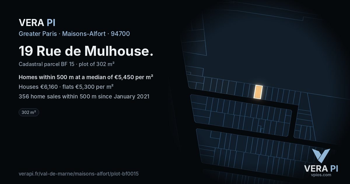 19 Rue de Mulhouse, Maisons-Alfort at night – the plot lit, the parcels around coloured by the prices near them