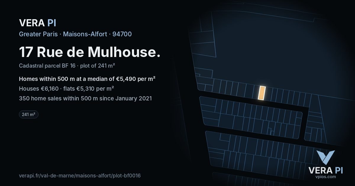 17 Rue de Mulhouse, Maisons-Alfort at night – the plot lit, the parcels around coloured by the prices near them