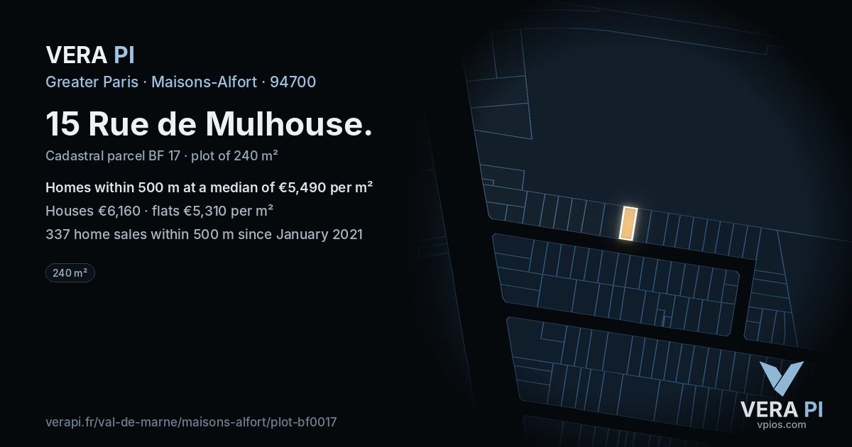 15 Rue de Mulhouse, Maisons-Alfort at night – the plot lit, the parcels around coloured by the prices near them