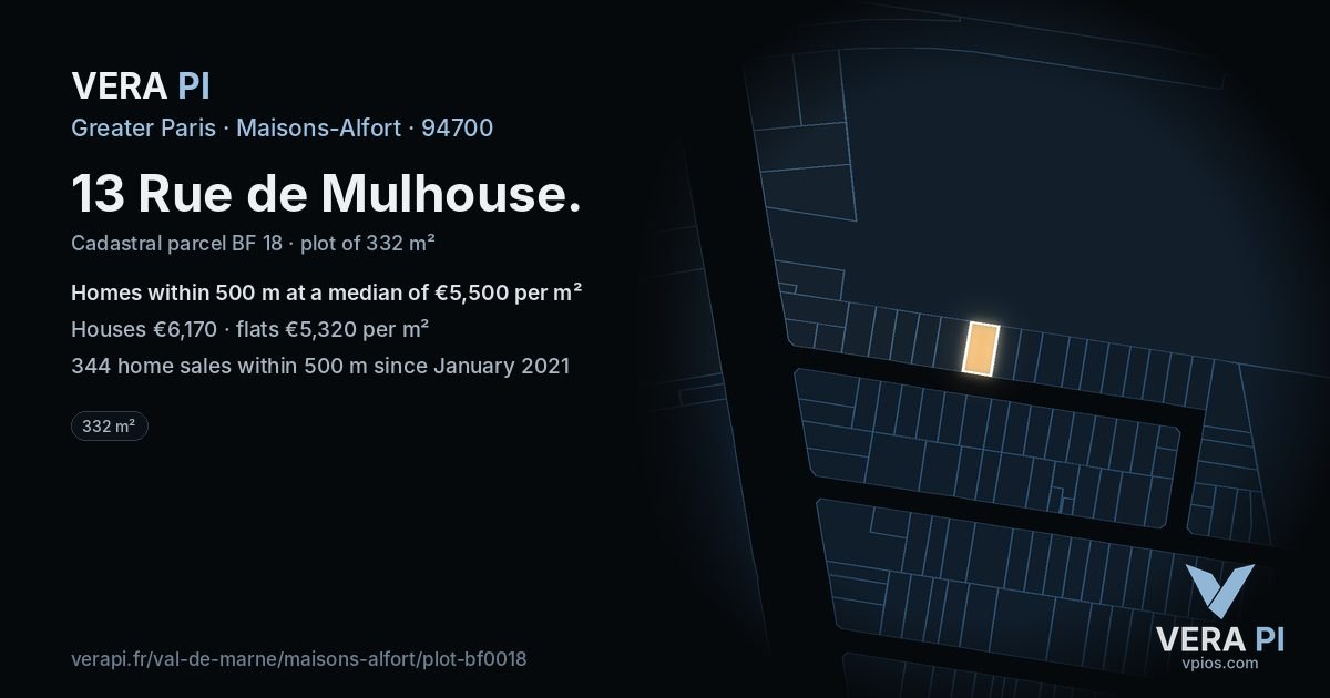 13 Rue de Mulhouse, Maisons-Alfort at night – the plot lit, the parcels around coloured by the prices near them