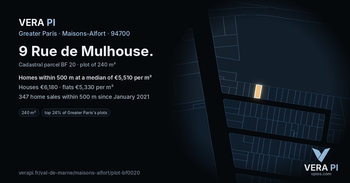 9 Rue de Mulhouse, Maisons-Alfort at night – the plot lit, the parcels around coloured by the prices near them