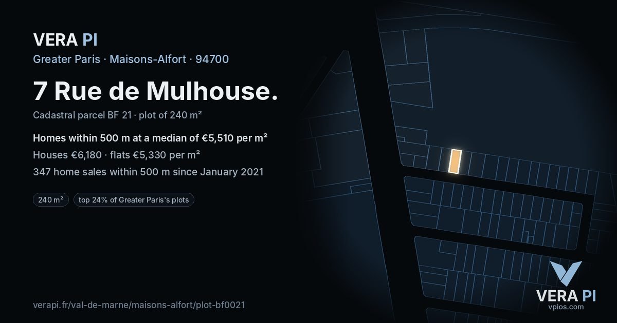 7 Rue de Mulhouse, Maisons-Alfort at night – the plot lit, the parcels around coloured by the prices near them