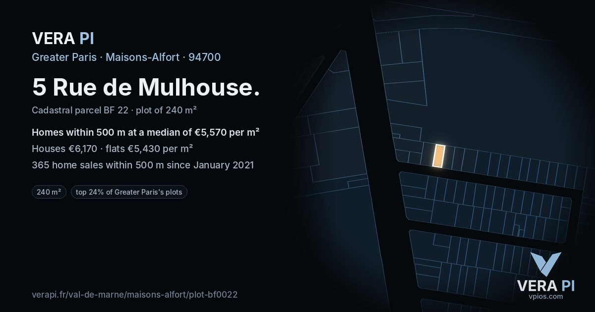 5 Rue de Mulhouse, Maisons-Alfort at night – the plot lit, the parcels around coloured by the prices near them