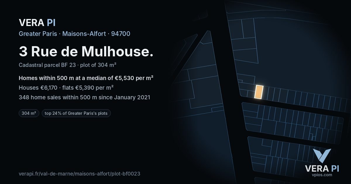 3 Rue de Mulhouse, Maisons-Alfort at night – the plot lit, the parcels around coloured by the prices near them