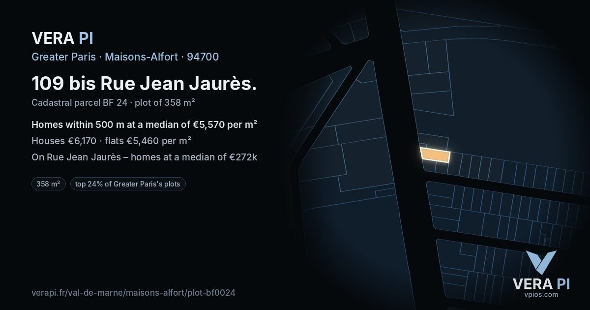 109 bis Rue Jean Jaurès, Maisons-Alfort at night – the plot lit, the parcels around coloured by the prices near them