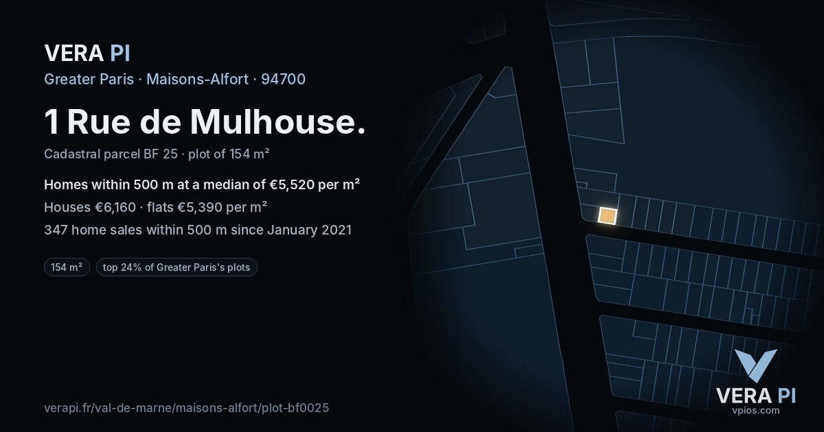 1 Rue de Mulhouse, Maisons-Alfort at night – the plot lit, the parcels around coloured by the prices near them
