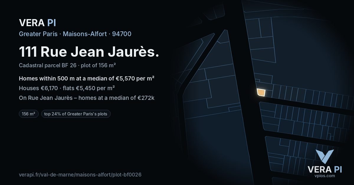 111 Rue Jean Jaurès, Maisons-Alfort at night – the plot lit, the parcels around coloured by the prices near them