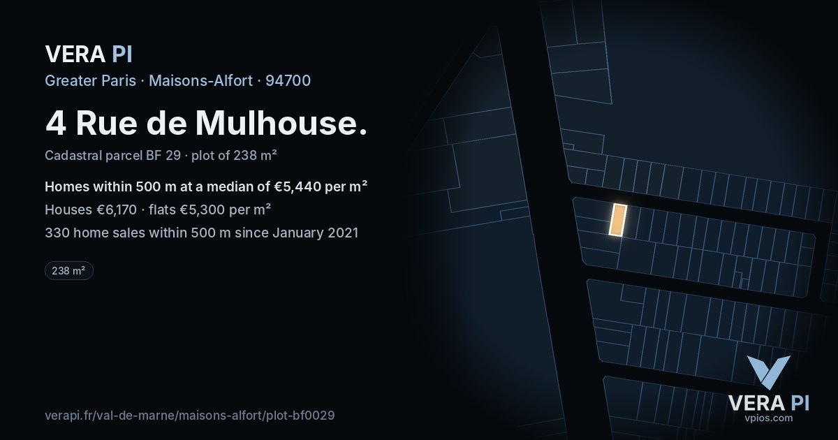4 Rue de Mulhouse, Maisons-Alfort at night – the plot lit, the parcels around coloured by the prices near them