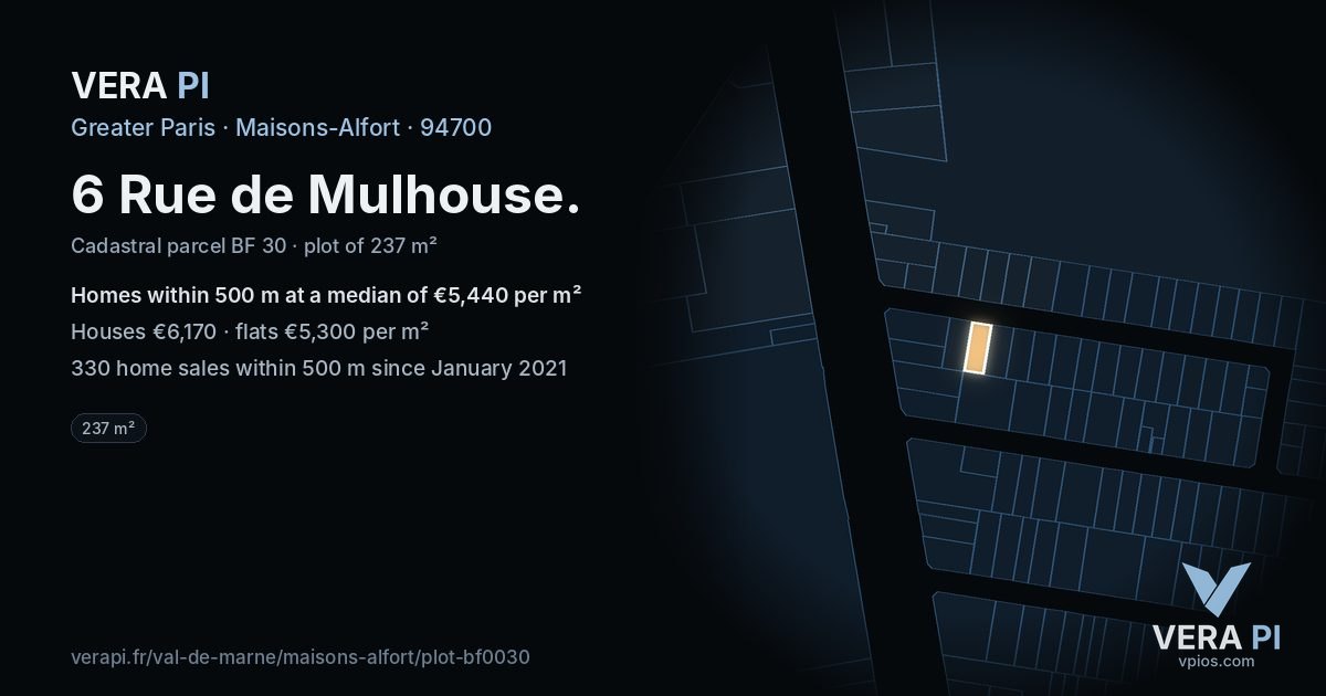 6 Rue de Mulhouse, Maisons-Alfort at night – the plot lit, the parcels around coloured by the prices near them