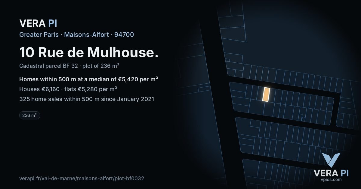 10 Rue de Mulhouse, Maisons-Alfort at night – the plot lit, the parcels around coloured by the prices near them