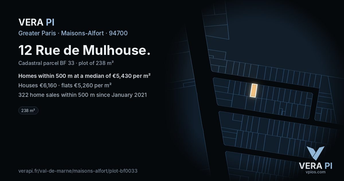 12 Rue de Mulhouse, Maisons-Alfort at night – the plot lit, the parcels around coloured by the prices near them