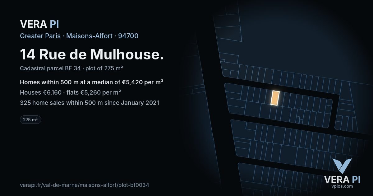 14 Rue de Mulhouse, Maisons-Alfort at night – the plot lit, the parcels around coloured by the prices near them