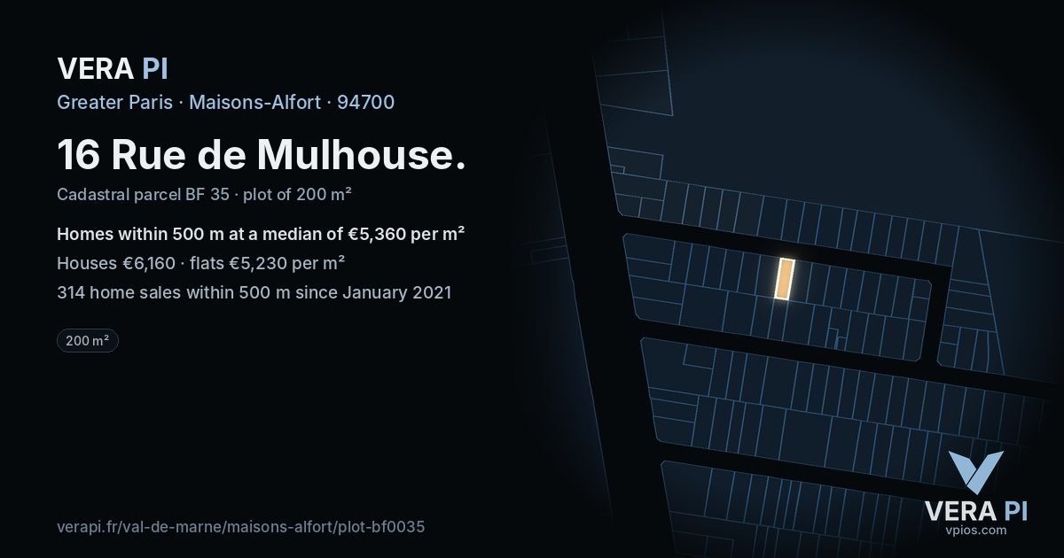 16 Rue de Mulhouse, Maisons-Alfort at night – the plot lit, the parcels around coloured by the prices near them