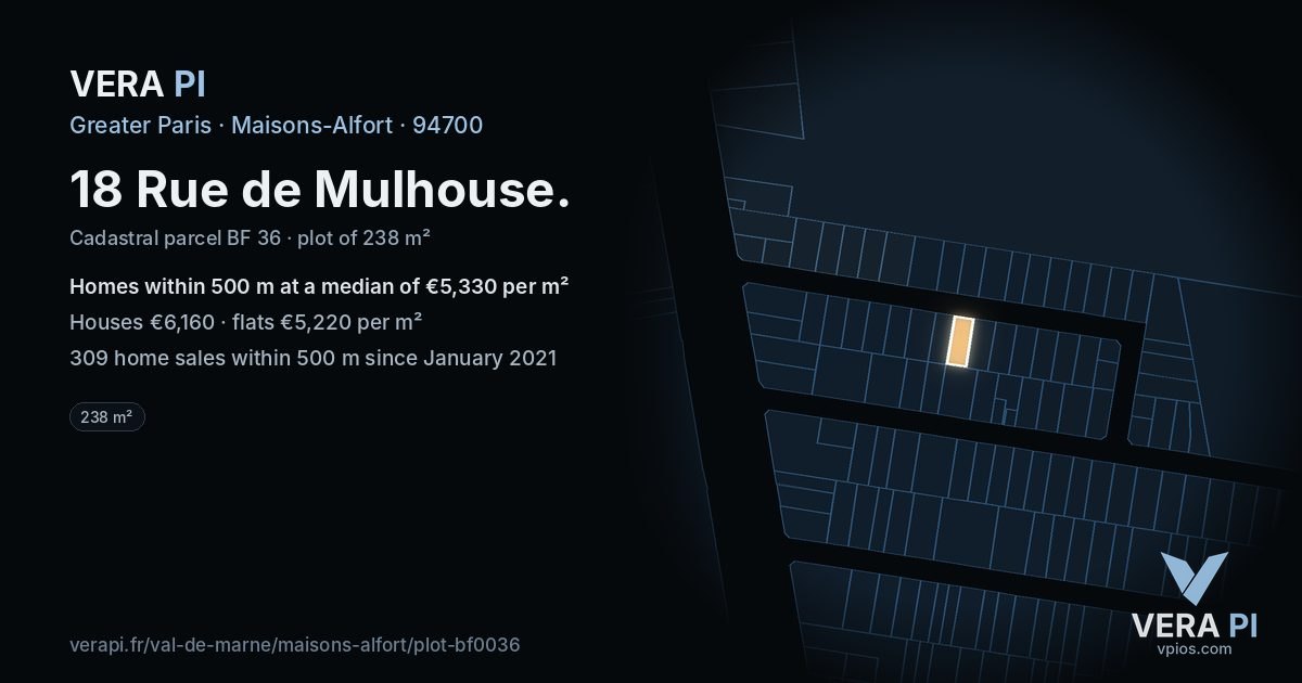 18 Rue de Mulhouse, Maisons-Alfort at night – the plot lit, the parcels around coloured by the prices near them