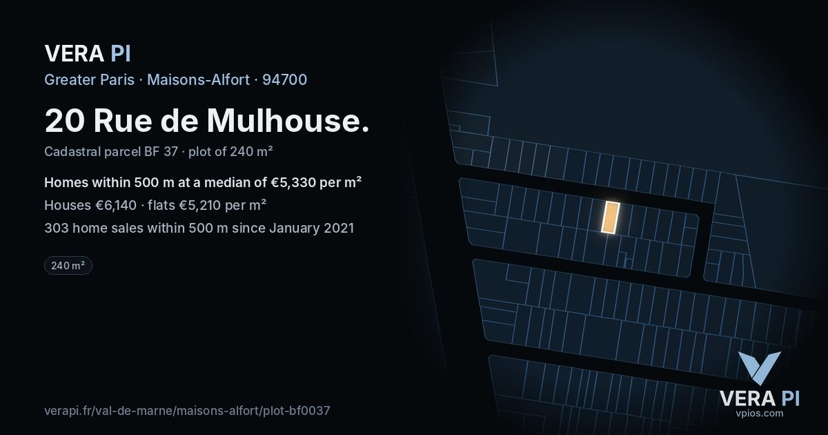 20 Rue de Mulhouse, Maisons-Alfort at night – the plot lit, the parcels around coloured by the prices near them