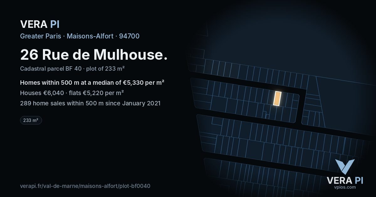 26 Rue de Mulhouse, Maisons-Alfort at night – the plot lit, the parcels around coloured by the prices near them