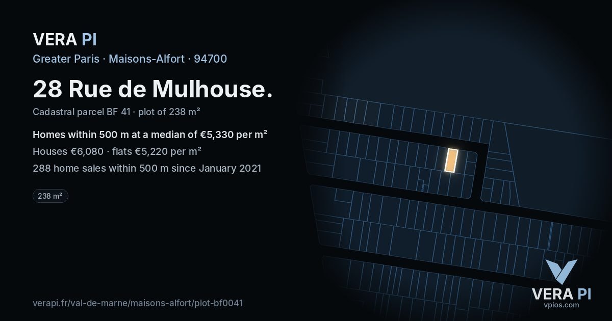 28 Rue de Mulhouse, Maisons-Alfort at night – the plot lit, the parcels around coloured by the prices near them