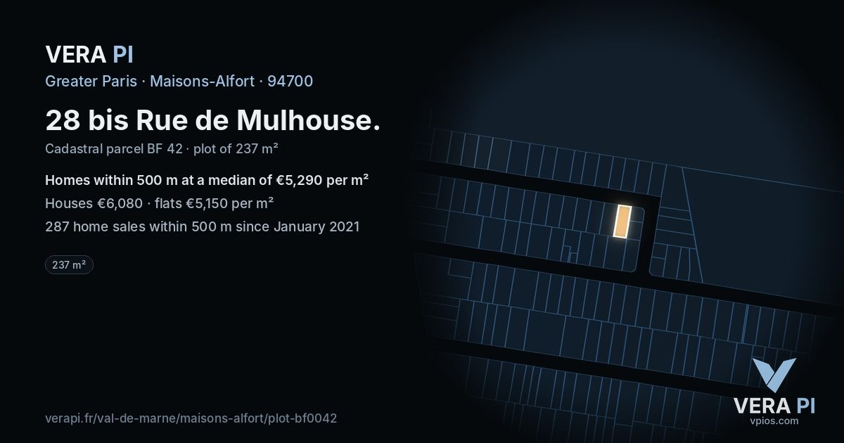 28 bis Rue de Mulhouse, Maisons-Alfort at night – the plot lit, the parcels around coloured by the prices near them