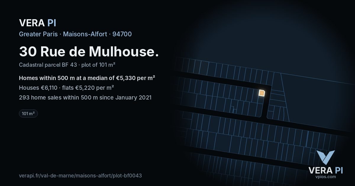 30 Rue de Mulhouse, Maisons-Alfort at night – the plot lit, the parcels around coloured by the prices near them