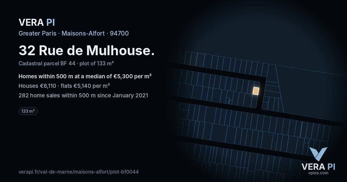 32 Rue de Mulhouse, Maisons-Alfort at night – the plot lit, the parcels around coloured by the prices near them