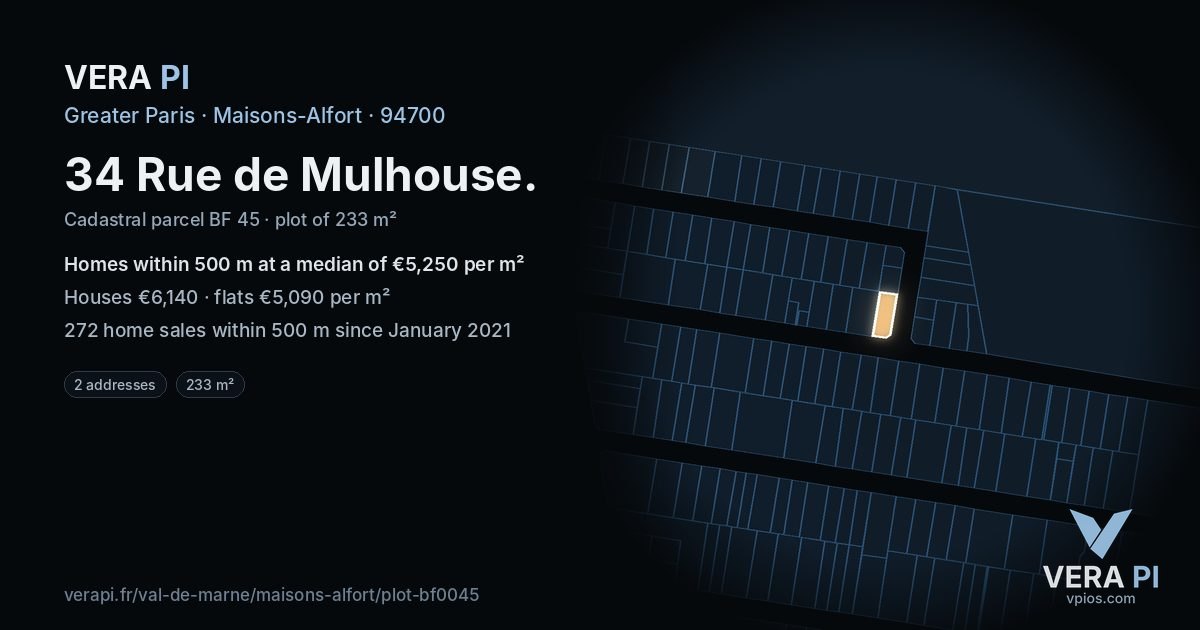 34 Rue de Mulhouse, Maisons-Alfort at night – the plot lit, the parcels around coloured by the prices near them