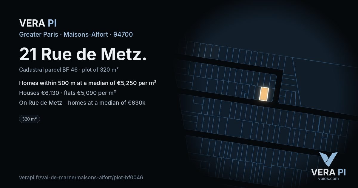 21 Rue de Metz, Maisons-Alfort at night – the plot lit, the parcels around coloured by the prices near them