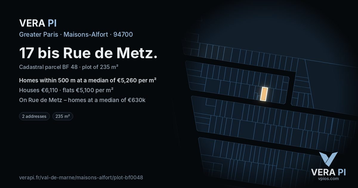 17 bis Rue de Metz, Maisons-Alfort at night – the plot lit, the parcels around coloured by the prices near them