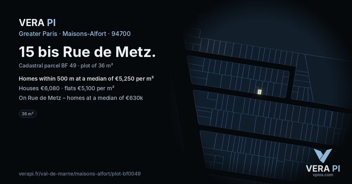 15 bis Rue de Metz, Maisons-Alfort at night – the plot lit, the parcels around coloured by the prices near them
