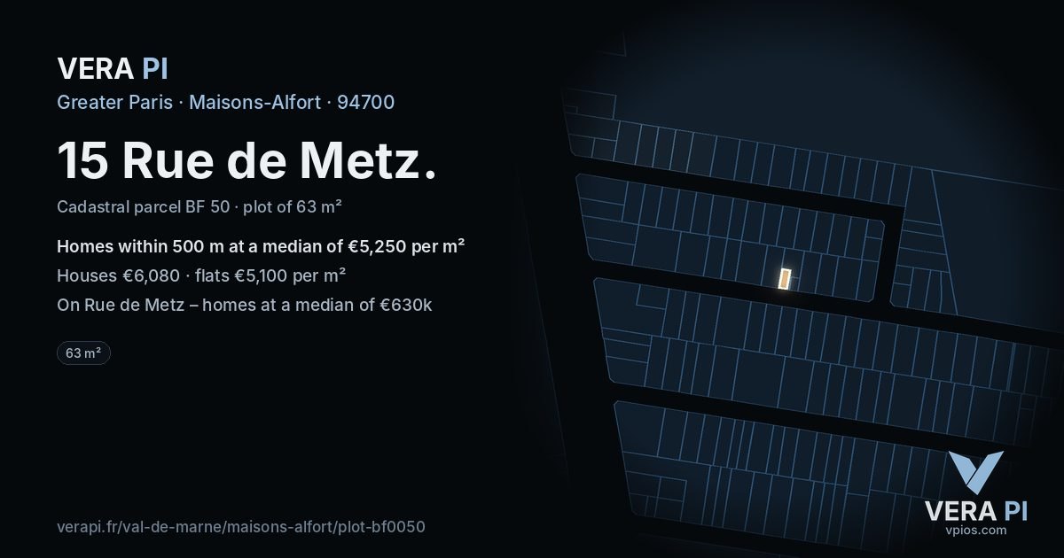 15 Rue de Metz, Maisons-Alfort at night – the plot lit, the parcels around coloured by the prices near them