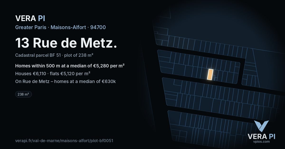 13 Rue de Metz, Maisons-Alfort at night – the plot lit, the parcels around coloured by the prices near them
