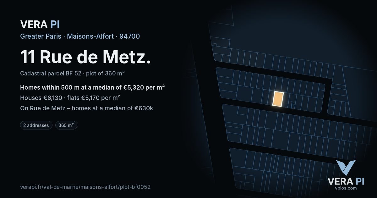 11 Rue de Metz, Maisons-Alfort at night – the plot lit, the parcels around coloured by the prices near them
