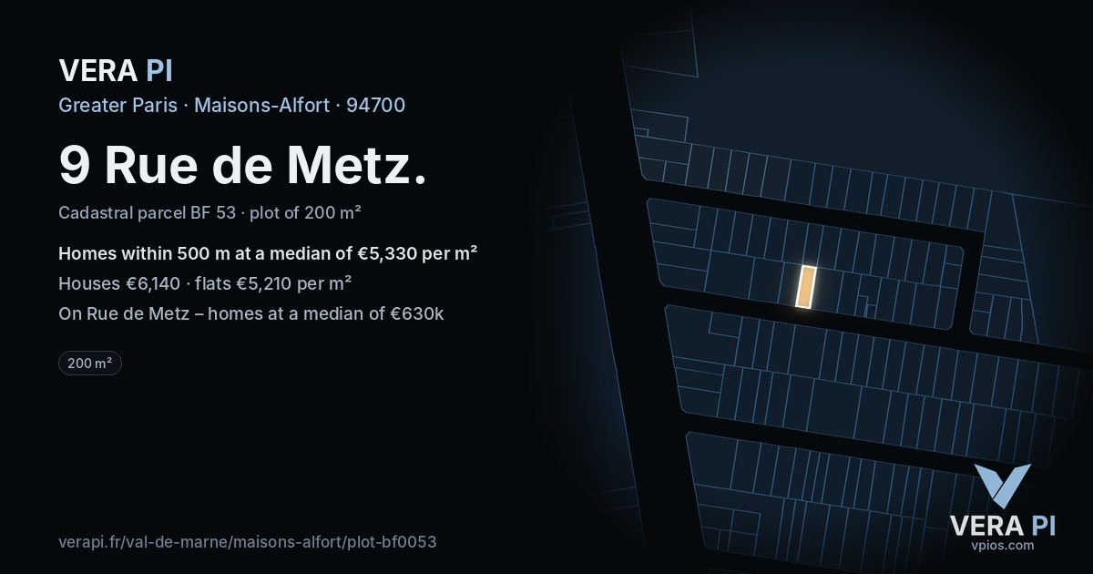 9 Rue de Metz, Maisons-Alfort at night – the plot lit, the parcels around coloured by the prices near them