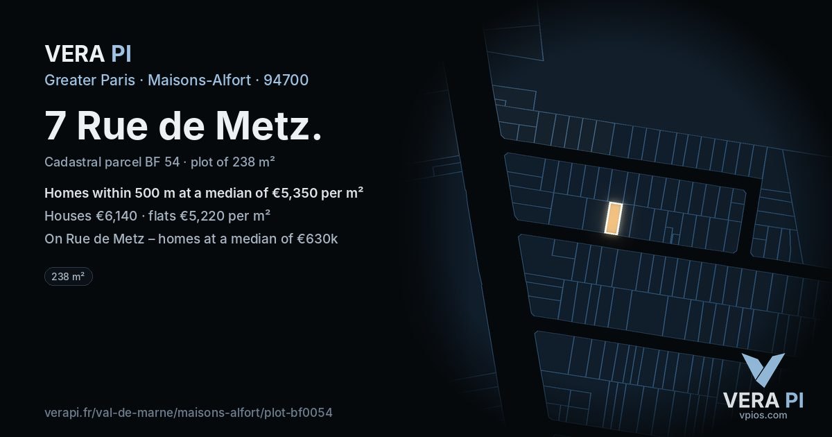 7 Rue de Metz, Maisons-Alfort at night – the plot lit, the parcels around coloured by the prices near them