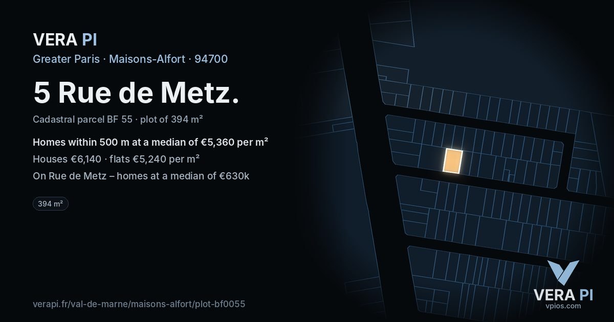 5 Rue de Metz, Maisons-Alfort at night – the plot lit, the parcels around coloured by the prices near them