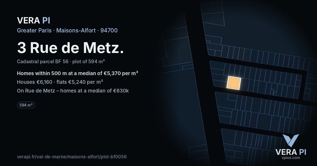 3 Rue de Metz, Maisons-Alfort at night – the plot lit, the parcels around coloured by the prices near them
