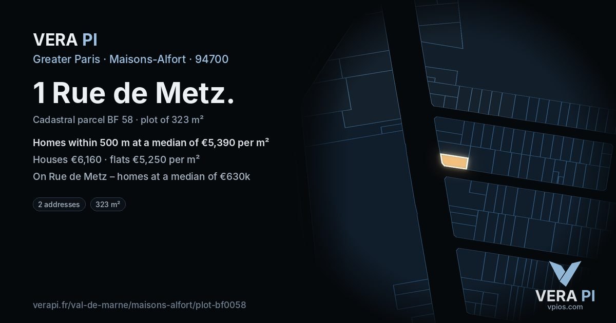 1 Rue de Metz, Maisons-Alfort at night – the plot lit, the parcels around coloured by the prices near them