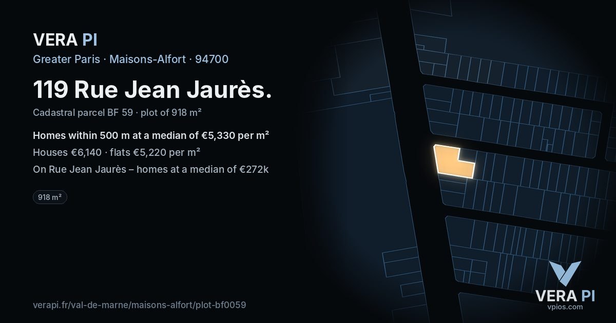 119 Rue Jean Jaurès, Maisons-Alfort at night – the plot lit, the parcels around coloured by the prices near them