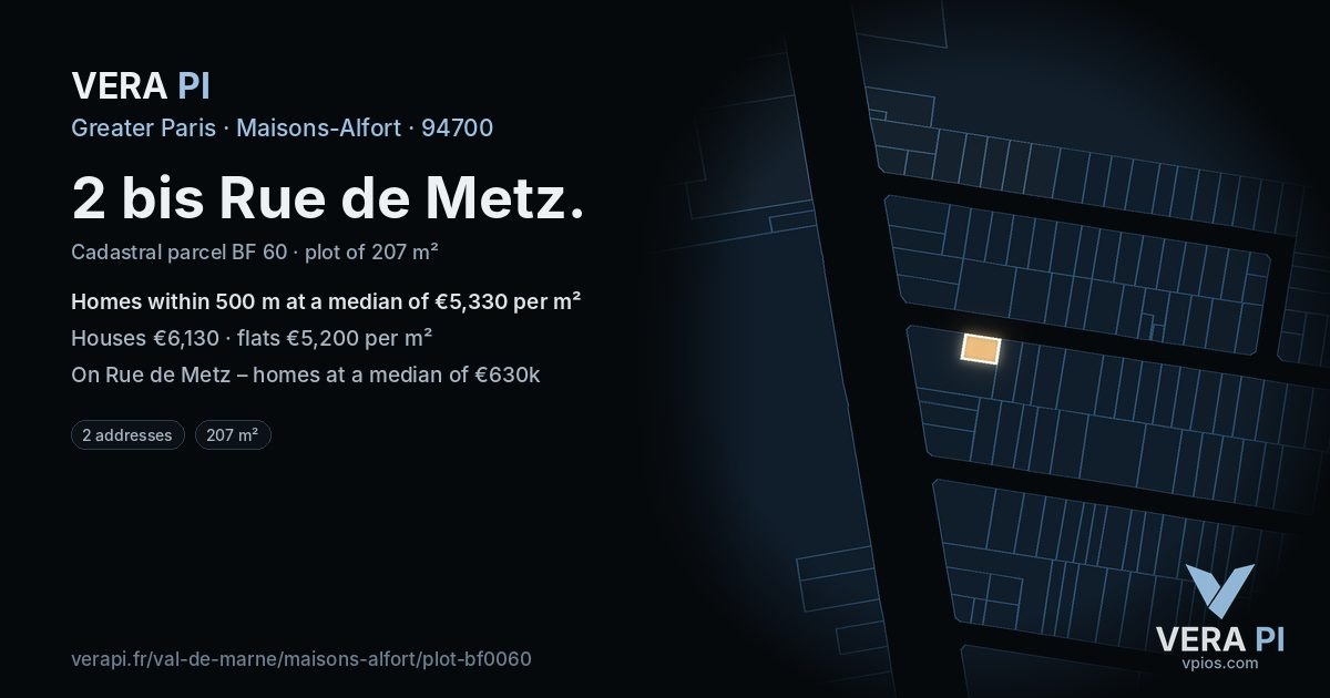 2 bis Rue de Metz, Maisons-Alfort at night – the plot lit, the parcels around coloured by the prices near them